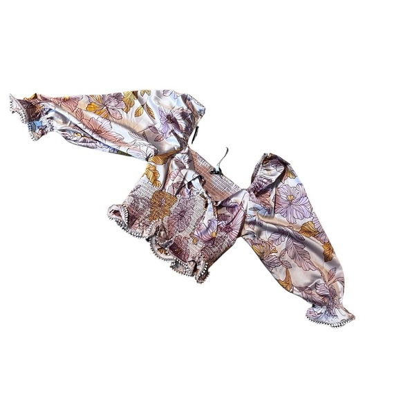 NWT En Saison Pink Satin Floral Smocked Wench Blouse New Boho Hippie Festival M - Picture 4 of 8